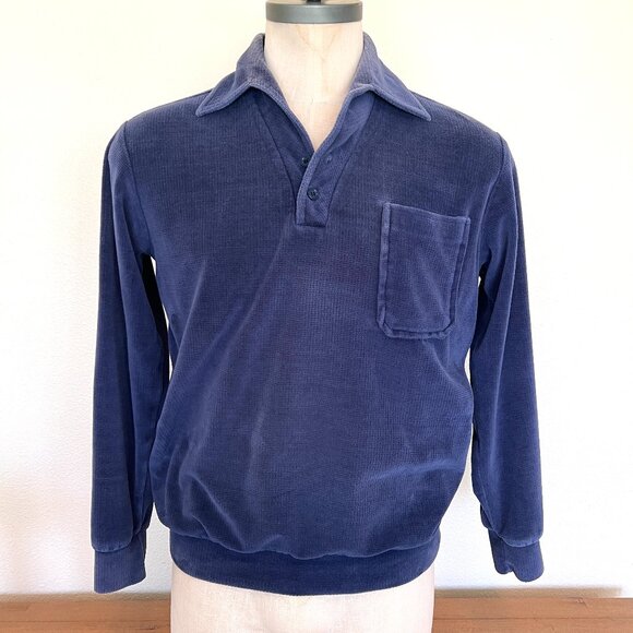 90's Velour Polo Style Shirt - Joel - Navy Long Sleeve - Size Medium - Picture 1 of 10